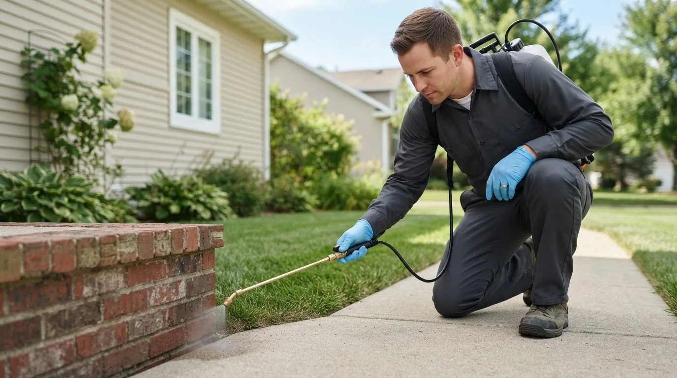 Pest control technician treating a home near Karlsruhe, ND