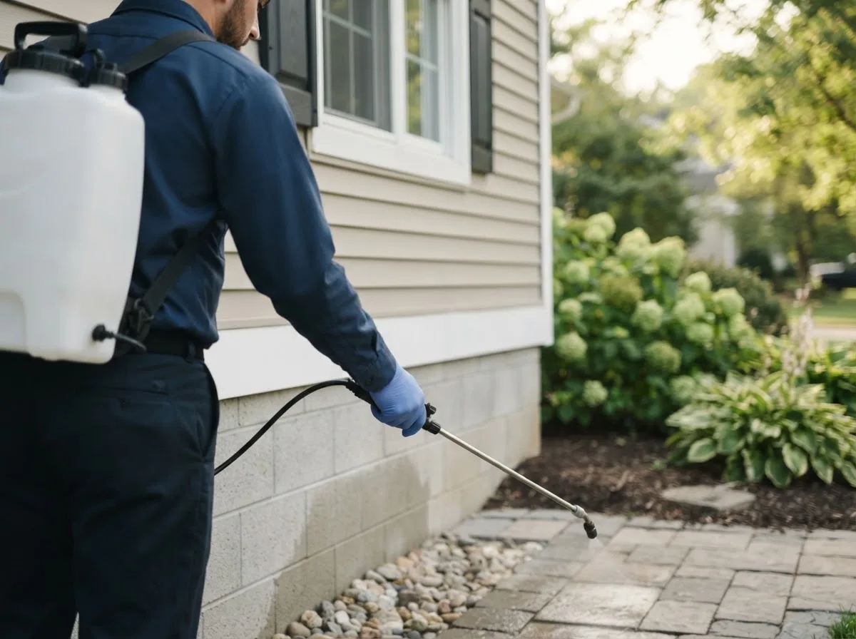Pest control technician inspecting a home in Karlsruhe, ND